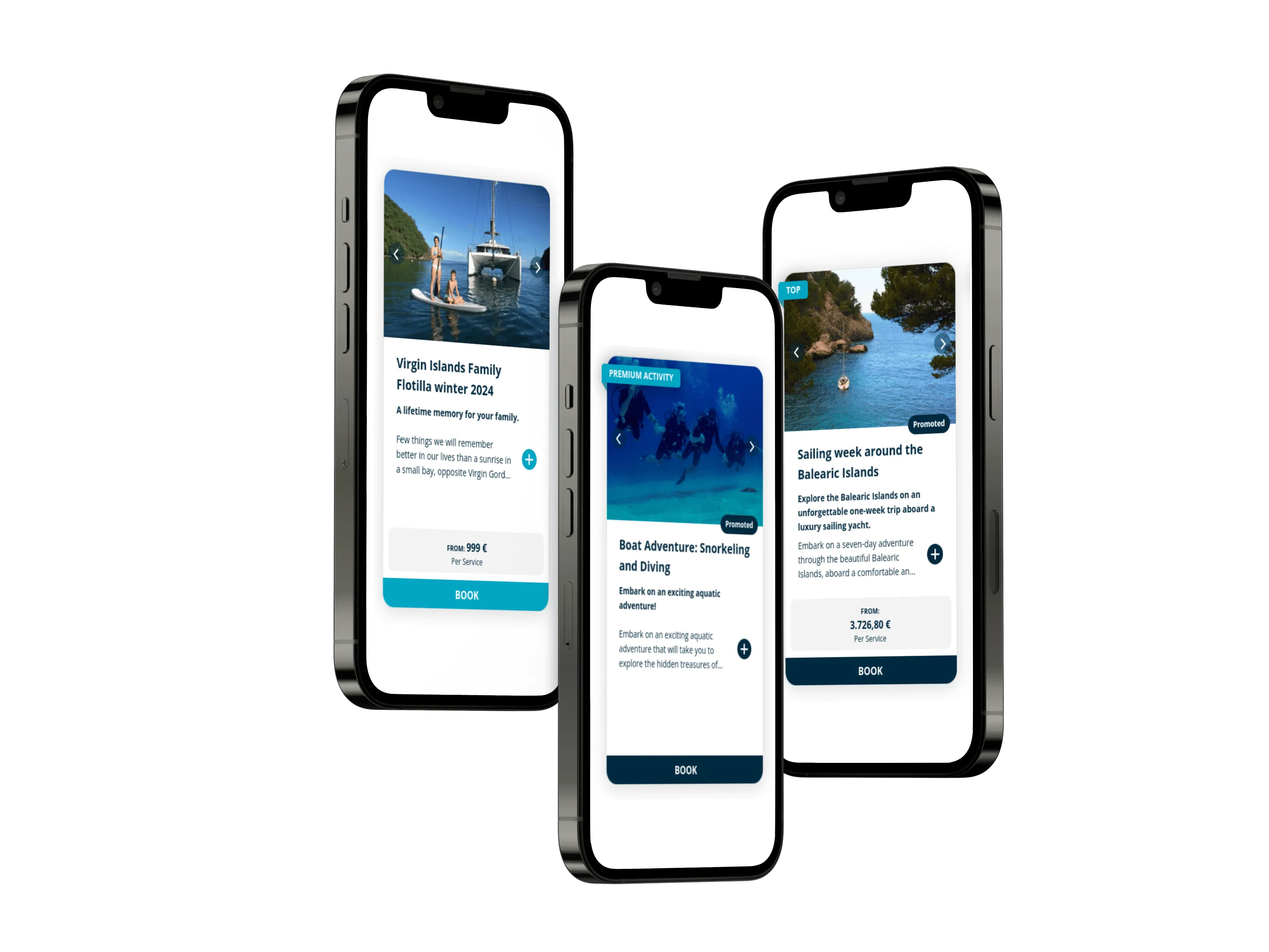 Mobile booking cards for boat tours and experiences, including pricing and a Book button