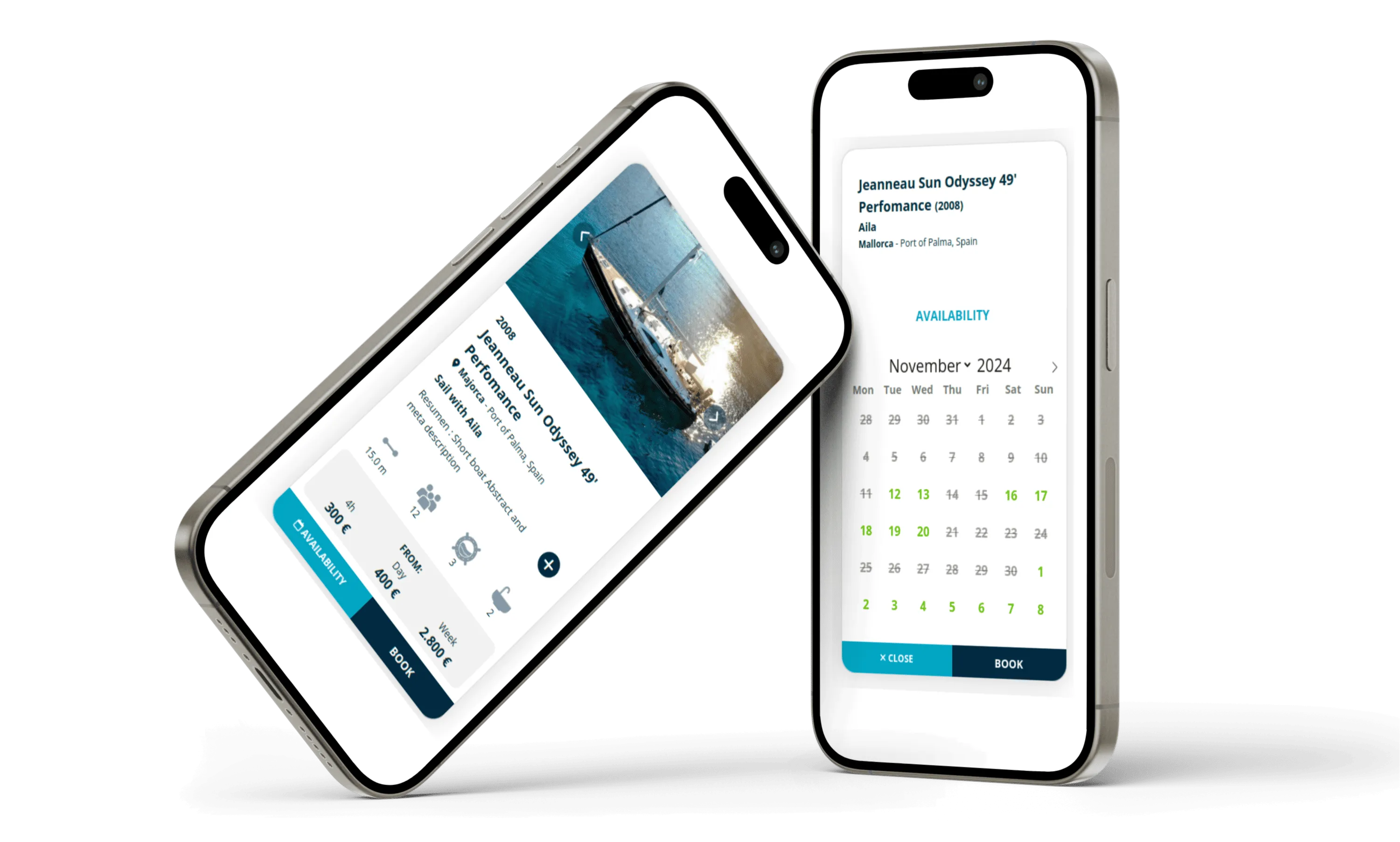 Flujo de reserva móvil de un charter de yate, con precio por día y por semana y un calendario de disponibilidad